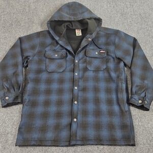 Dickies Hooded Flannel Shirt Jacket Mens L Blue Black Plaid Lined Workwear